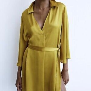 Zara belted Satan effect dress in mustard